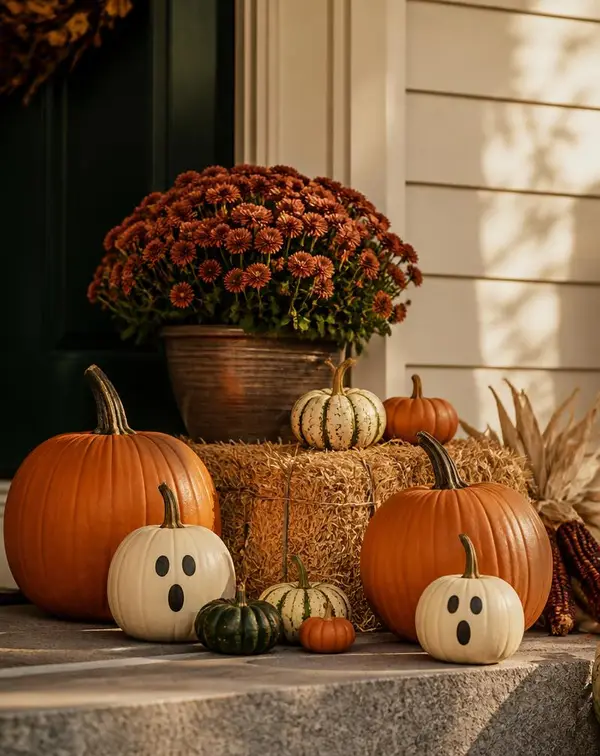 Individual pumpkins, a straw bale and a potted mum for a la carte add-ons