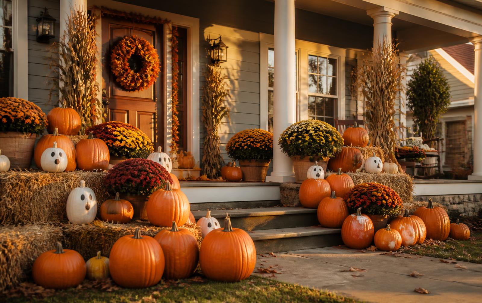 Front porch styled with orange pumpkins, white ghost pumpkins, straw bales and mums