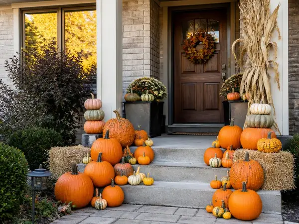 Classic Harvest porch with layered orange jacks, white ghost pumpkins and straw bales