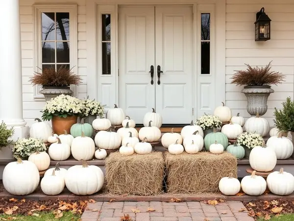 All-white and neutral porch display with ghost pumpkins and sage heirlooms