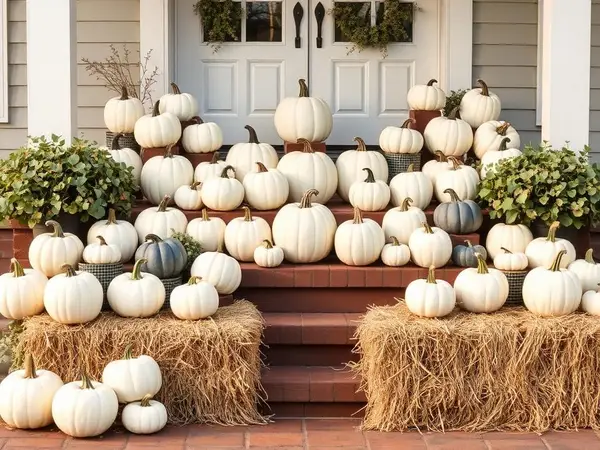 Neutral deluxe porch with white pumpkins, lanterns and corn stalk bundles